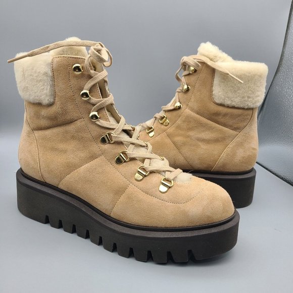 Stuart Weitzman combatboots Chalet lug tan Suede faux fur lace up sz 8 new
